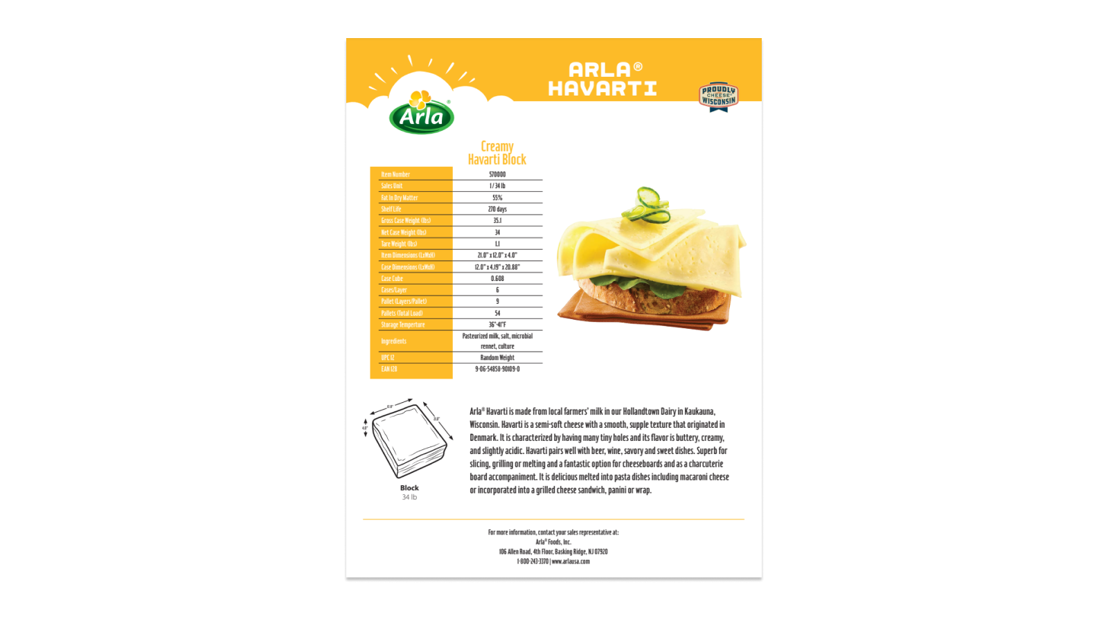 Arla Havarti 34lb Block Sell Sheet